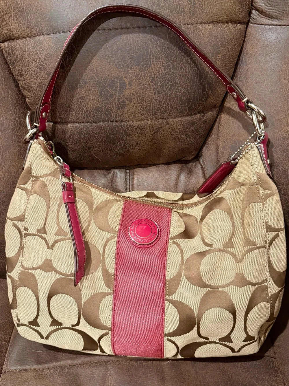 Coach Signature Khaki & Berry Red Canvas Hobo Shoulder Bag with Crossbody Strap